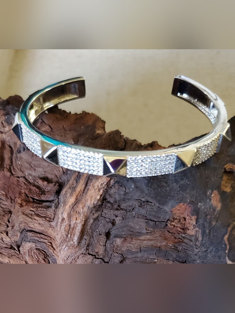NEW BB Lila Bonanza Silver & Pave Pyramidal Studded Cuff Bangle Bracelet